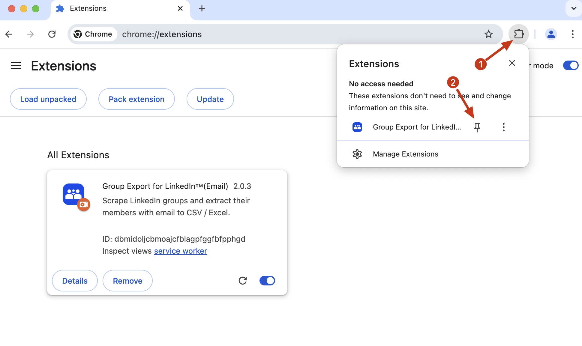 LinkedIn Group Exporter chrome extension install pin